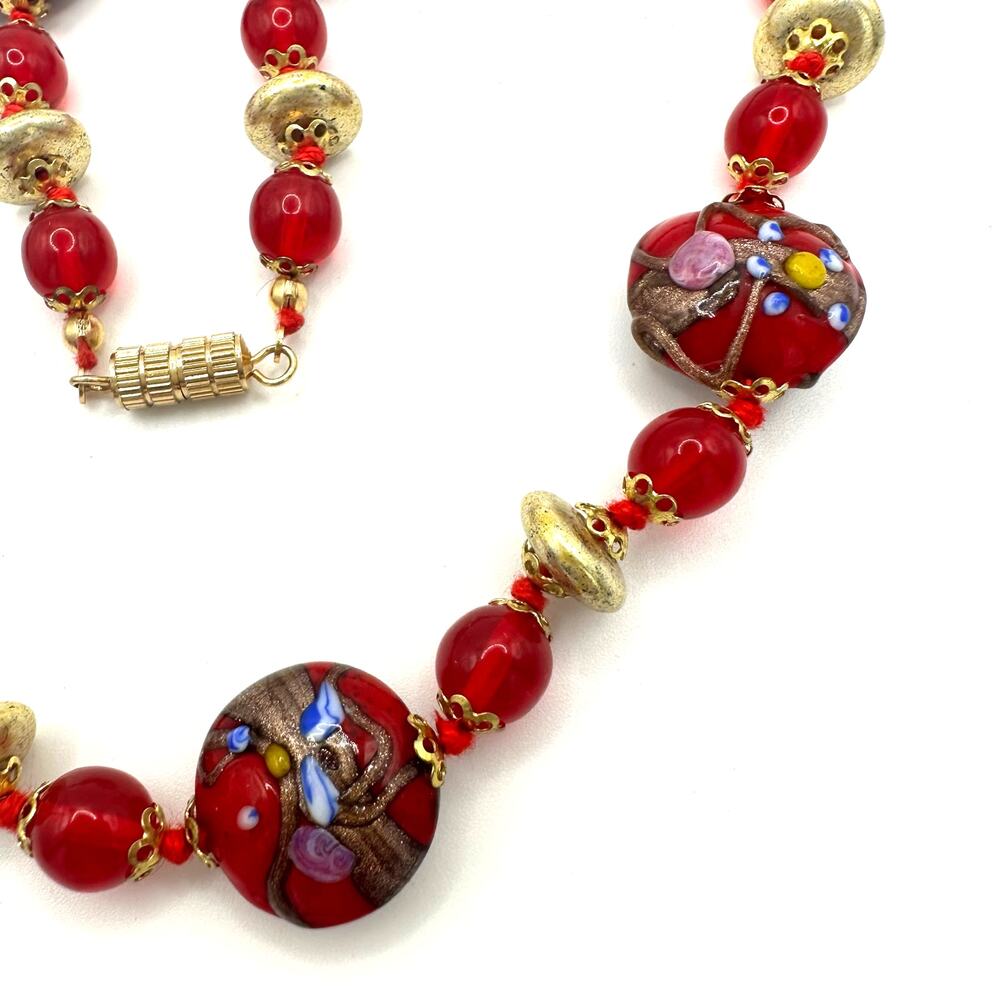 Vintage red gold Murano Venetian wedding cake art glass beads beaded necklace - Picture 4 of 7